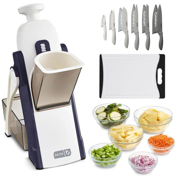 Dash Safe Slice Mandoline Slicer, Dicer, Navy + Knife Set + Cutting Board Bundle Online