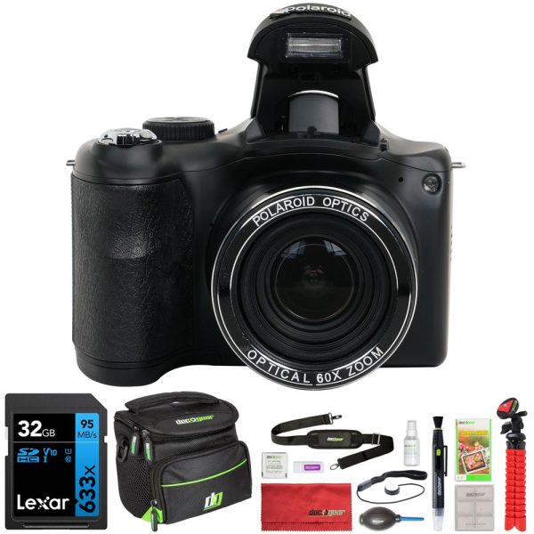 Polaroid iE6035 18MP 60x Optical Zoom Digital Camera, Black w  32GB Memory Card Kit For Cheap