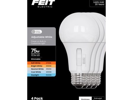 Feit A19 E26 (Medium) LED Bulb Adjustable White 75 Watt Equivalence 4 pk Supply